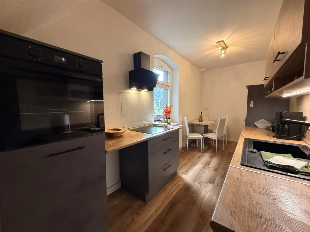 Küche mit Herd und Dunstabzug - Familienferienwohnung Felsenliebe, Hertigswalde